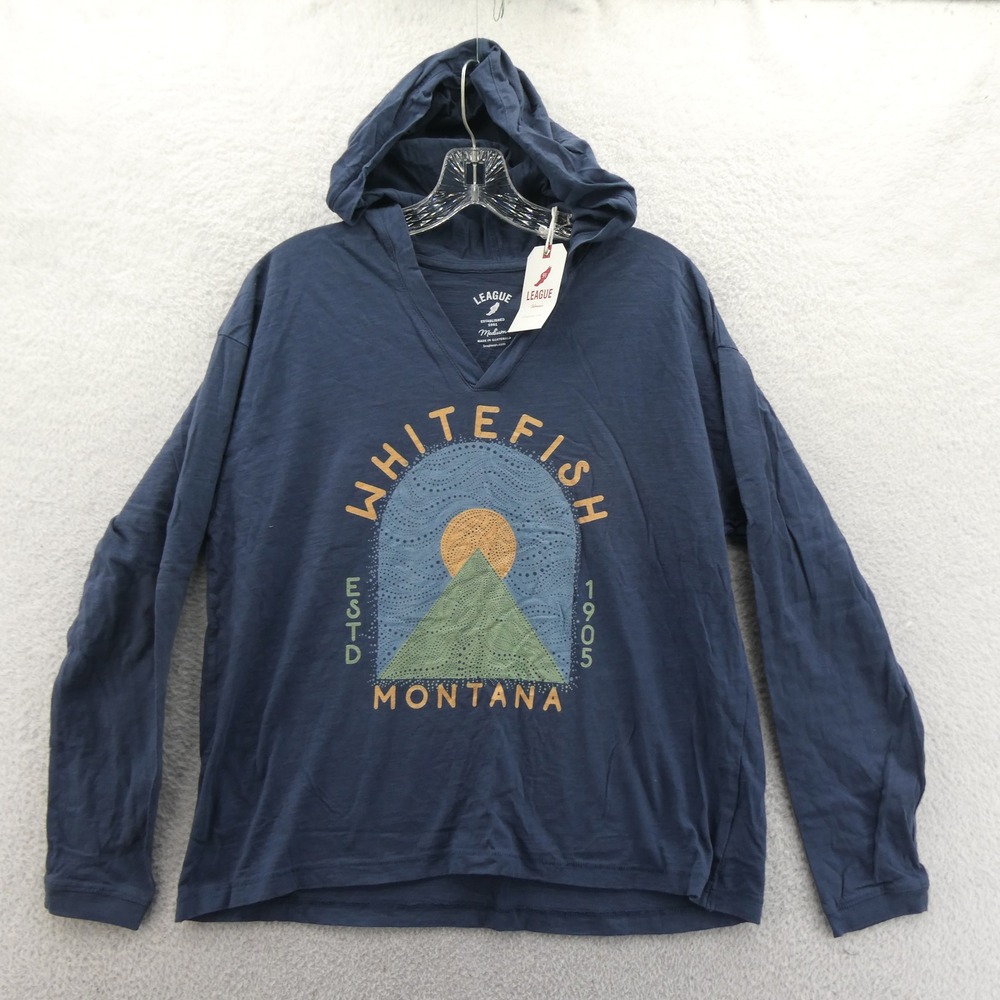 League Hoodie Women Medium Whitefish Montana Navy Blue Long Sleeve Top Cotton
